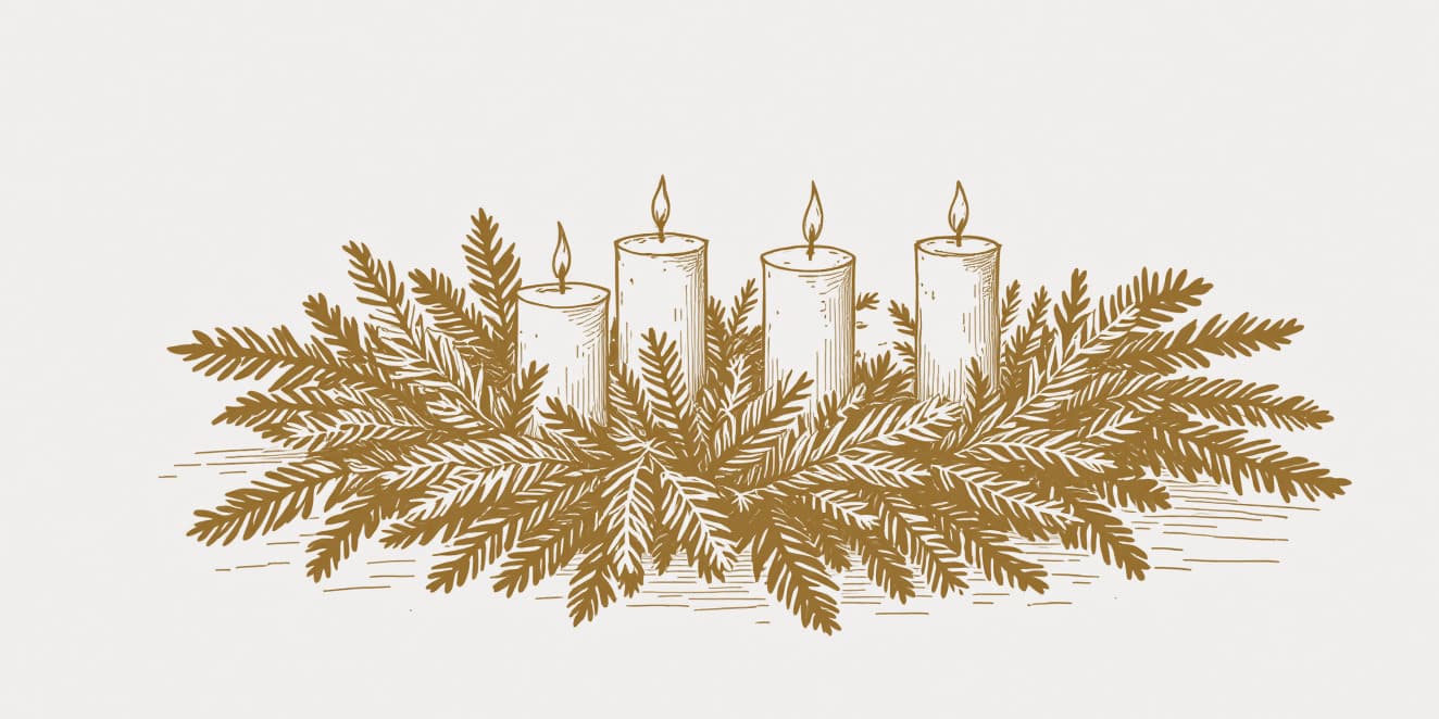A drawing of an Advent wreath of fir with four candles standing in it, in gold line on pale paper.