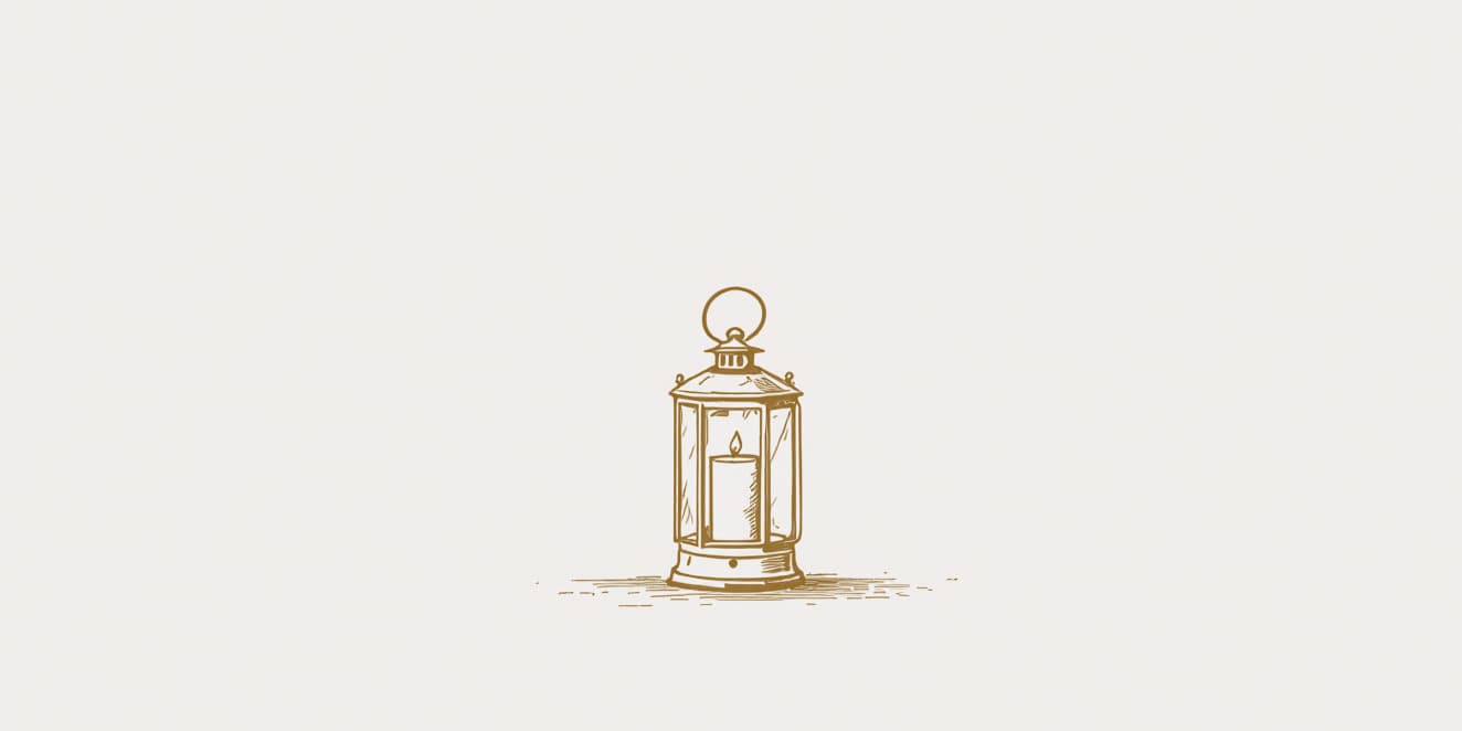 A drawing of a candle lantern with glass sides standing alone, in gold line on pale paper.