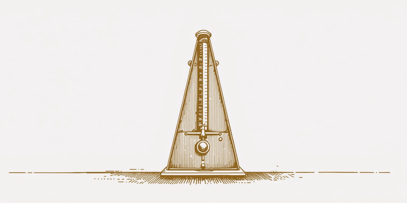 A drawing of a mechanical metronome standing upright, in gold line on pale paper.