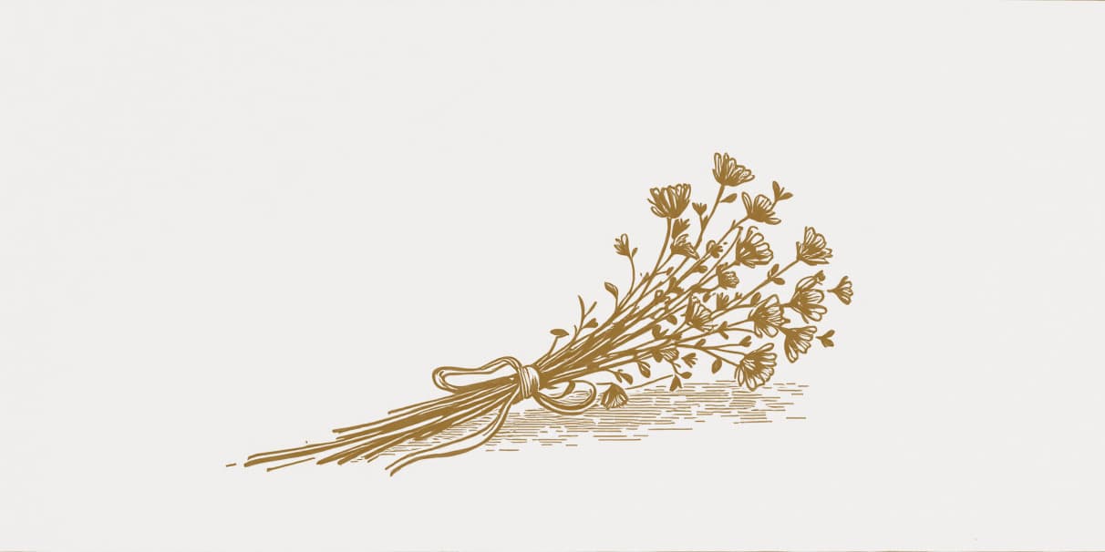 A drawing of a bunch of cut flowers tied with a ribbon and lying on its side, in gold line on pale paper.