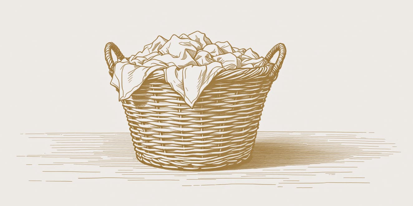 A drawing of a deep wicker laundry basket with two handles, heaped with crumpled linen spilling over its rim, in gold line on pale paper.
