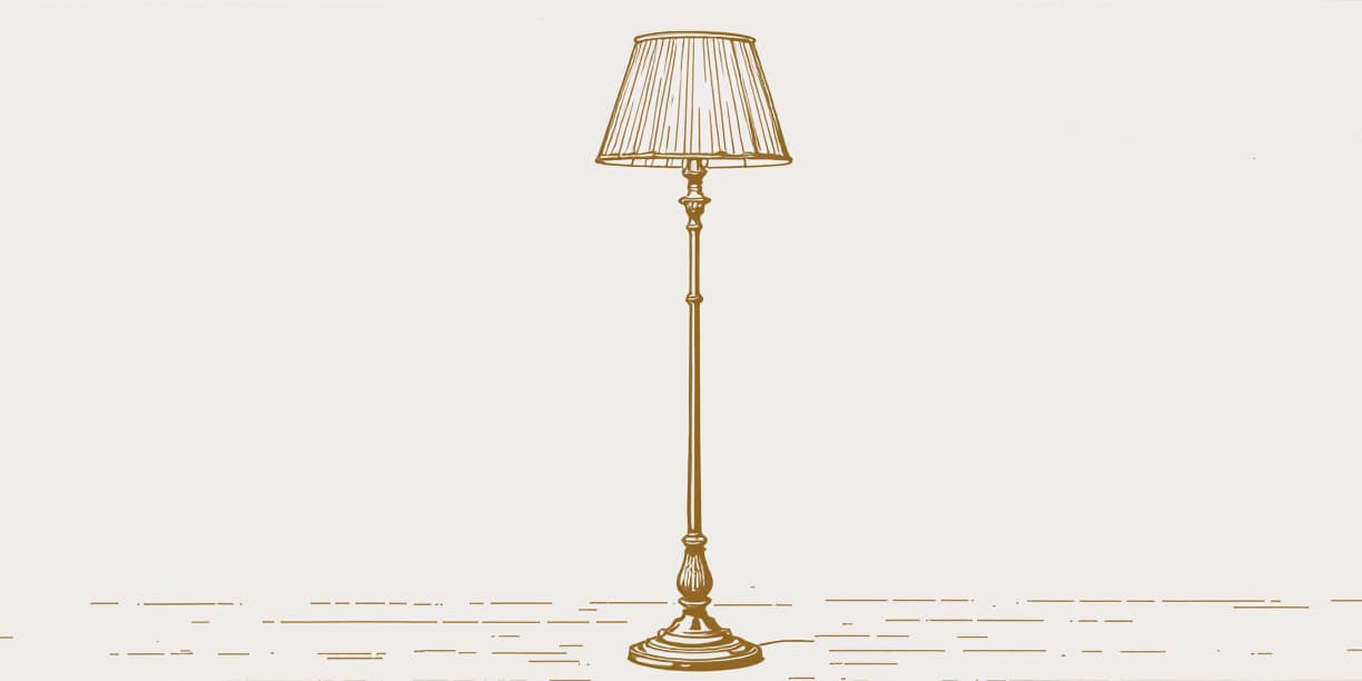 A drawing of a tall standard lamp with a pleated shade, in gold line on pale paper.