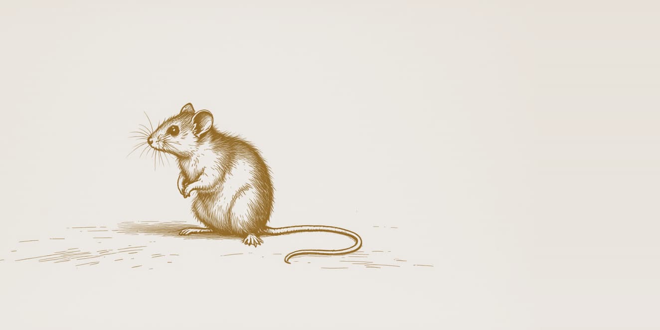 Teikning af lítilli mús sem situr upprétt á afturfótunum með skottið hringað við hlið sér, dregin með gullnu striki á ljósan pappír.