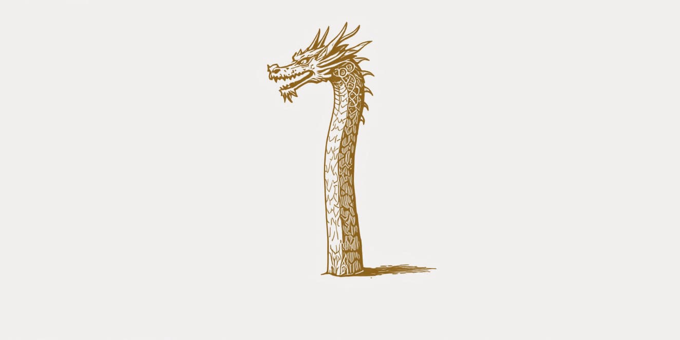 A drawing of a carved dragon head on a tall post, with interlace on its neck, in gold line on pale paper.
