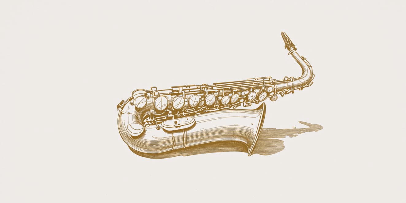 A drawing of a tenor saxophone lying on its side, in gold line on pale paper.