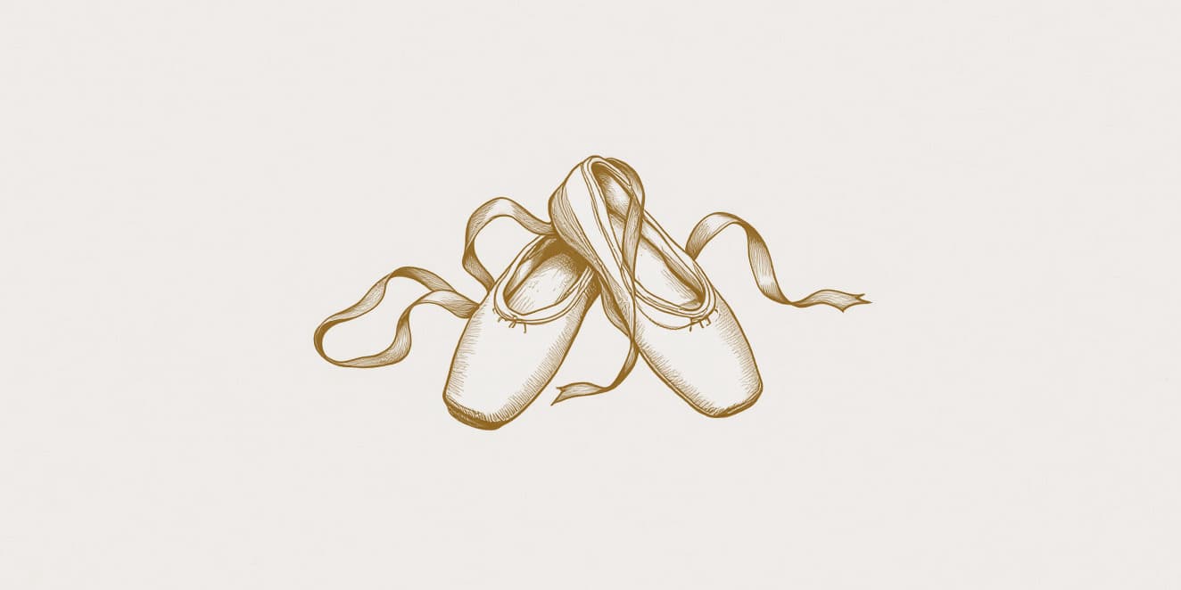 A drawing of a pair of pointe shoes with their long ribbons curled about them, in gold line on pale paper.