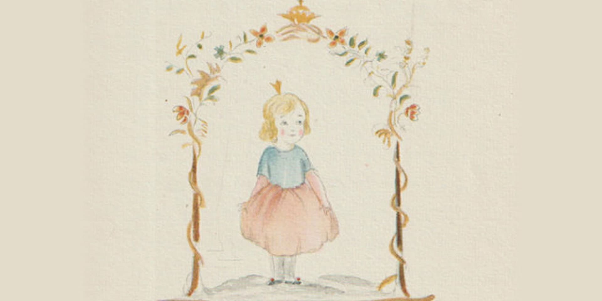 Muggur's drawing of Dimmalimm, a small princess with a crown, in a blue top and a pink skirt under an arch of flowers and climbing stems with a crown at its peak.