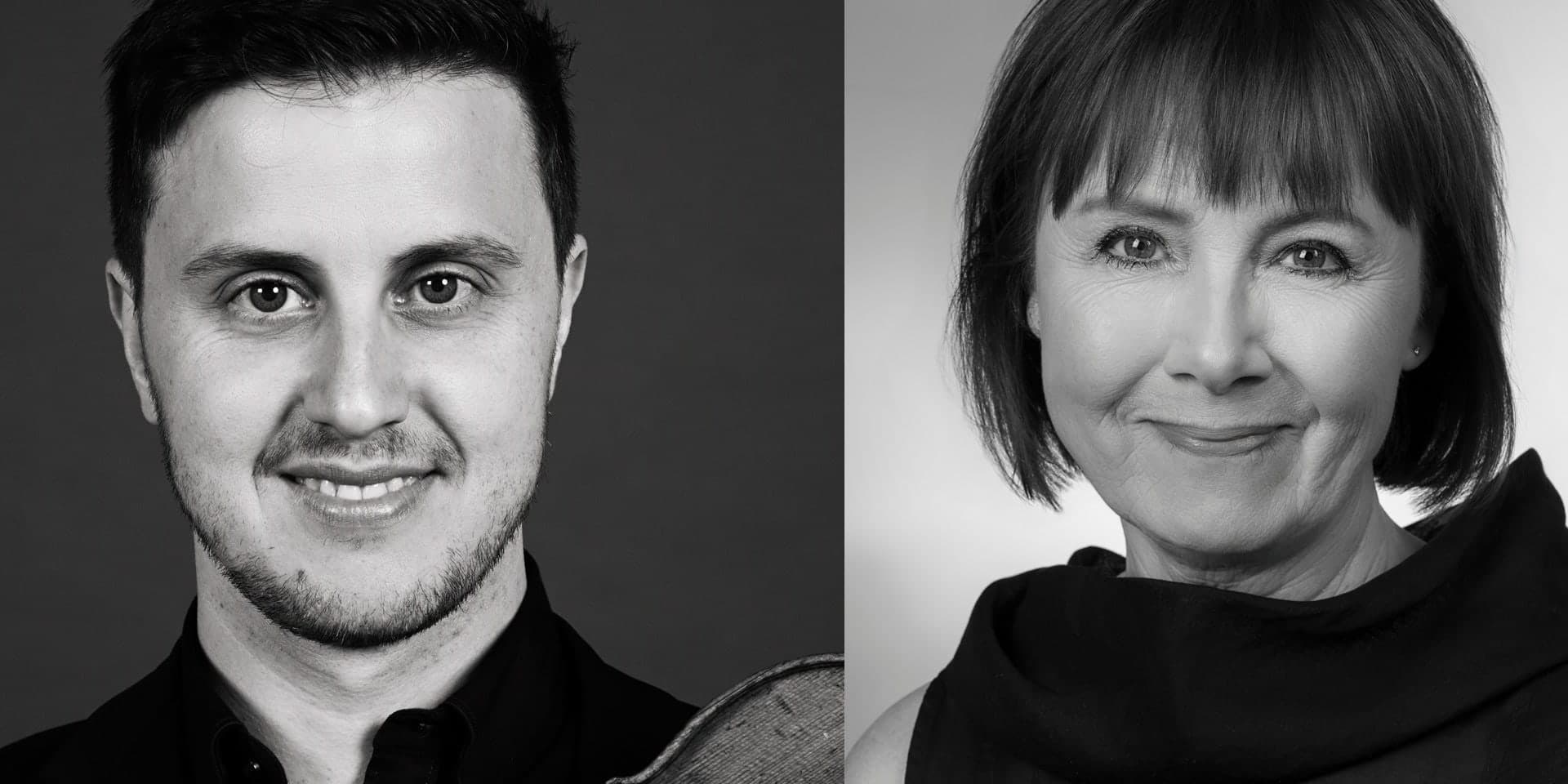 Two portraits side by side, Joaquín Páll Palomares with his violin and Nína Margrét Grímsdóttir.