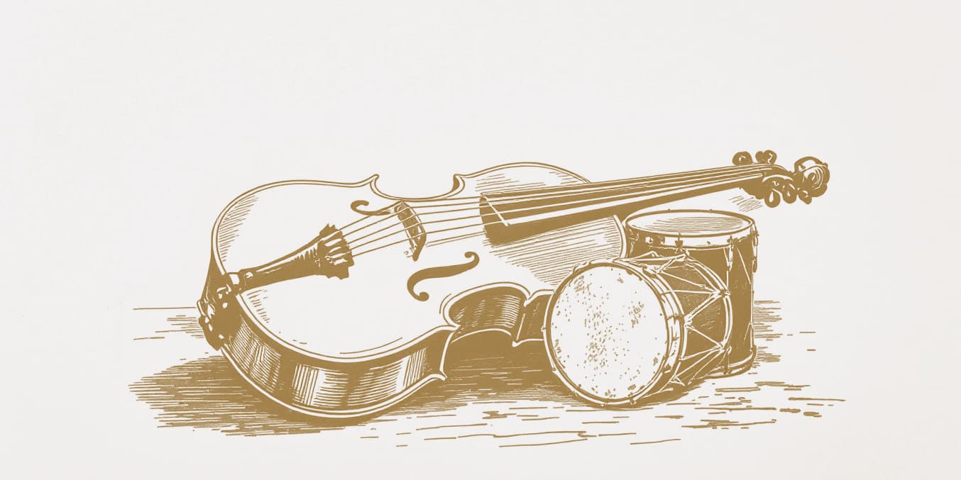 A drawing of a stringed instrument lying on its side beside a small drum, in gold line on pale paper.