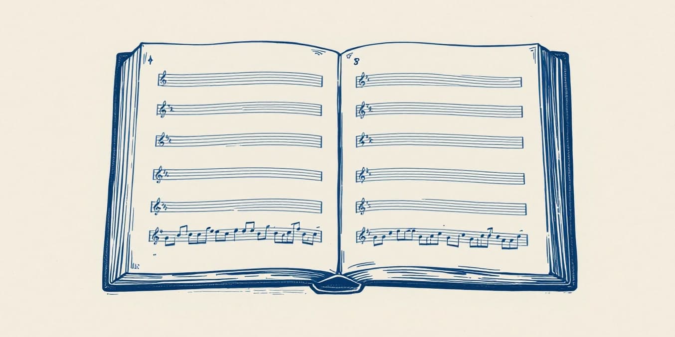 A drawing of an open book of music lying flat, its staves empty but for one line of notes at the foot of each page.