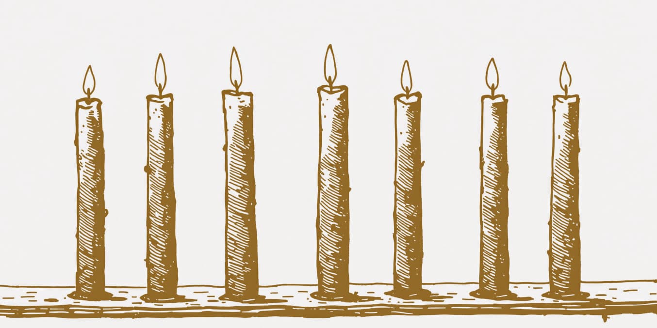 A drawing of seven candles standing in a row and burning, in gold line on pale paper.