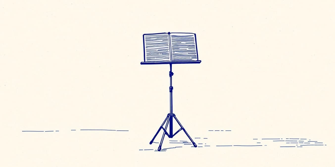 A drawing of a music stand with an open score on it, in dark blue line on pale paper.