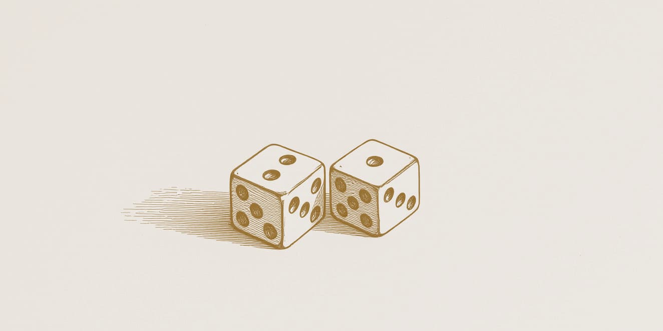 A drawing of a pair of dice lying together, in gold line on pale paper.