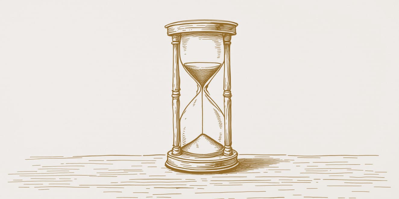 A drawing of an old hourglass standing upright with sand running from the upper bulb into the lower, in gold line on pale paper.