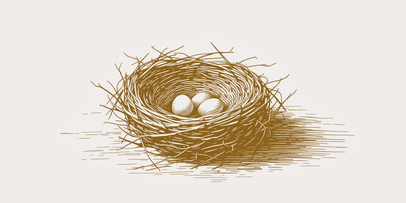 A drawing of a bird's nest of woven twigs with three small eggs in it, in gold line on pale paper.