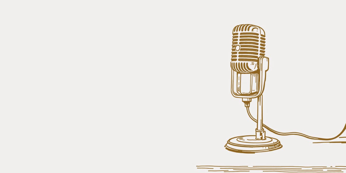 A drawing of an old-fashioned microphone on a short stand with its cable, in gold line on pale paper.