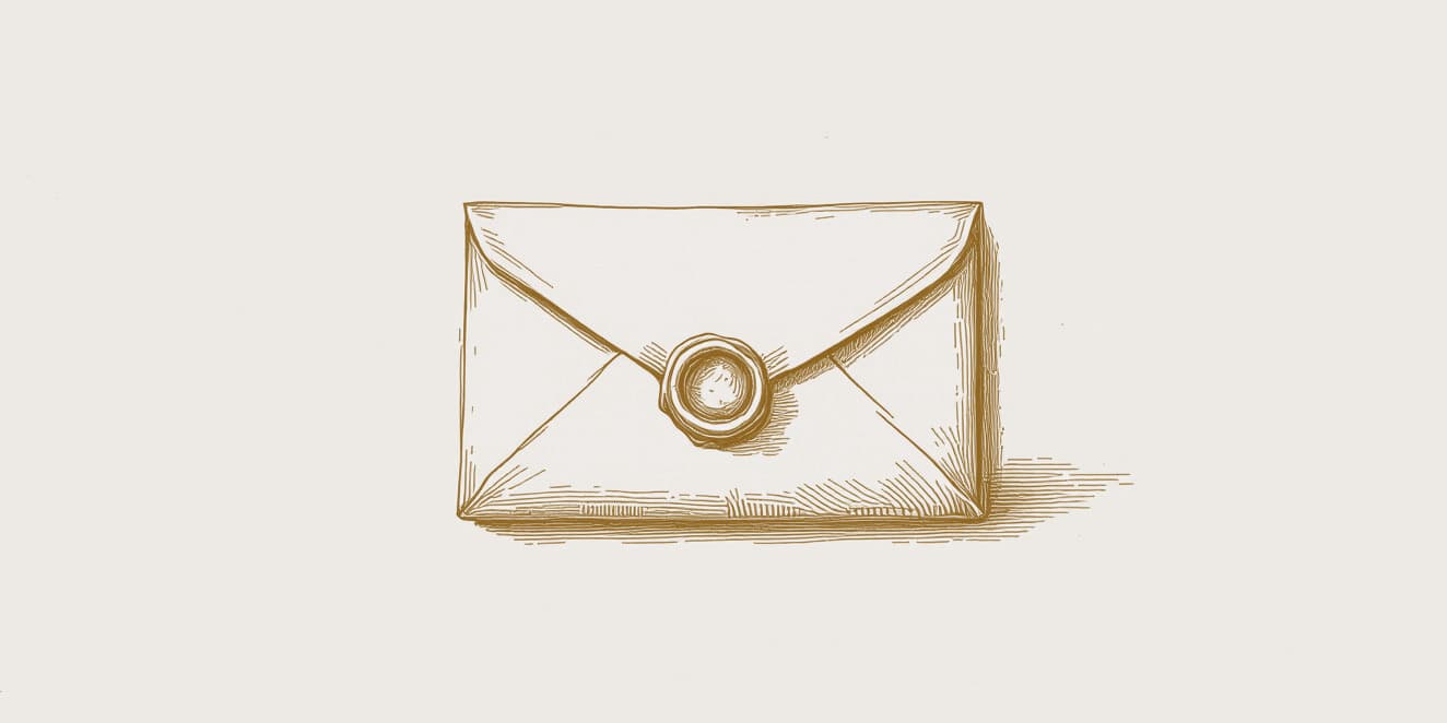 A drawing of a folded letter closed with a round wax seal, in gold line on pale paper.