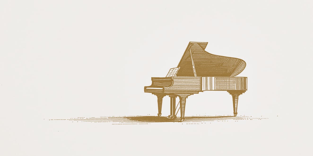 A drawing of a grand piano with its lid raised, seen from the side, in gold line on pale paper.