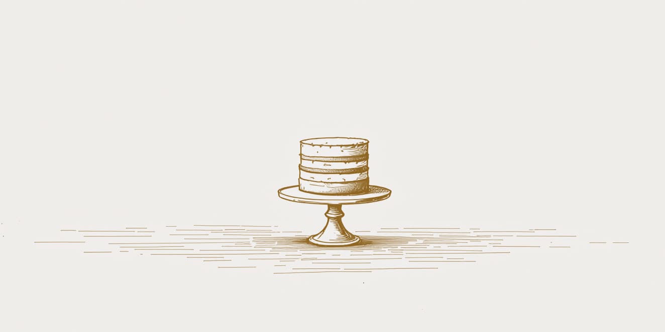 A drawing of a layer cake on a cake stand, in gold line on pale paper.