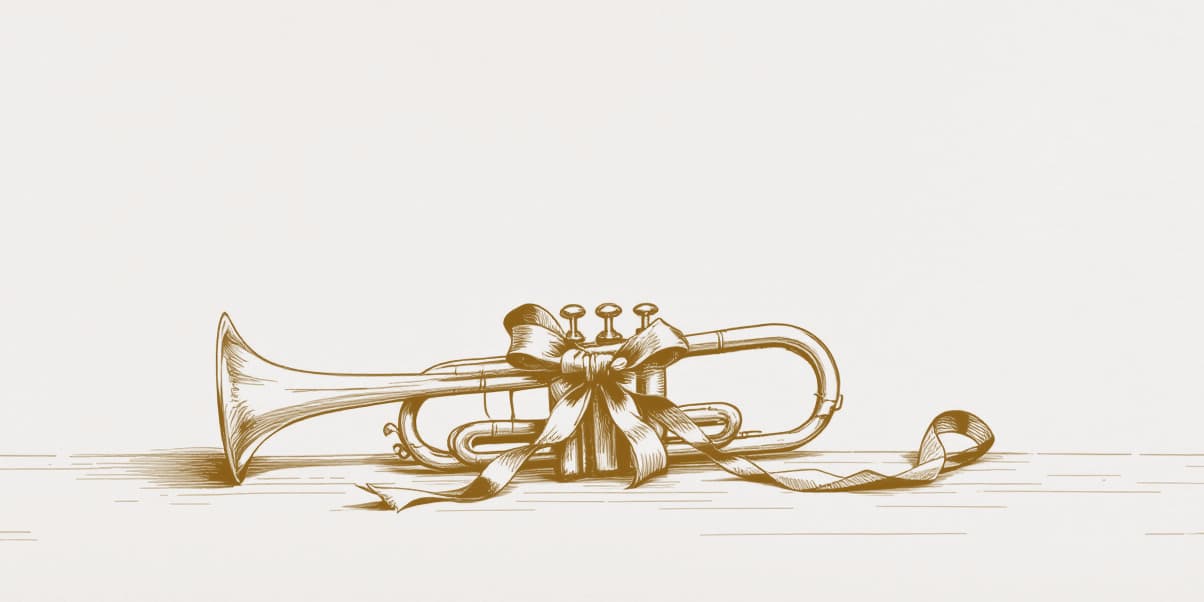 A drawing of a trumpet lying on its side with a ribbon tied round it in a bow, in gold line on pale paper.