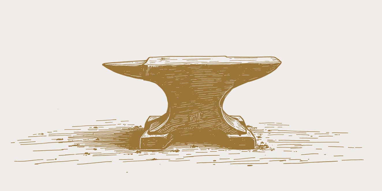 A drawing of a blacksmith's anvil standing alone, in gold line on pale paper.