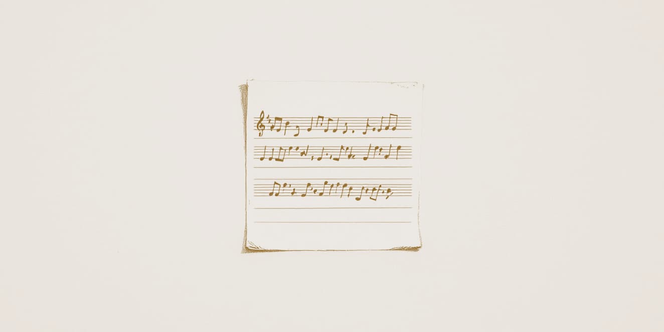 A drawing of a loose sheet of manuscript paper with a few bars of music written on it, in gold line on pale paper.