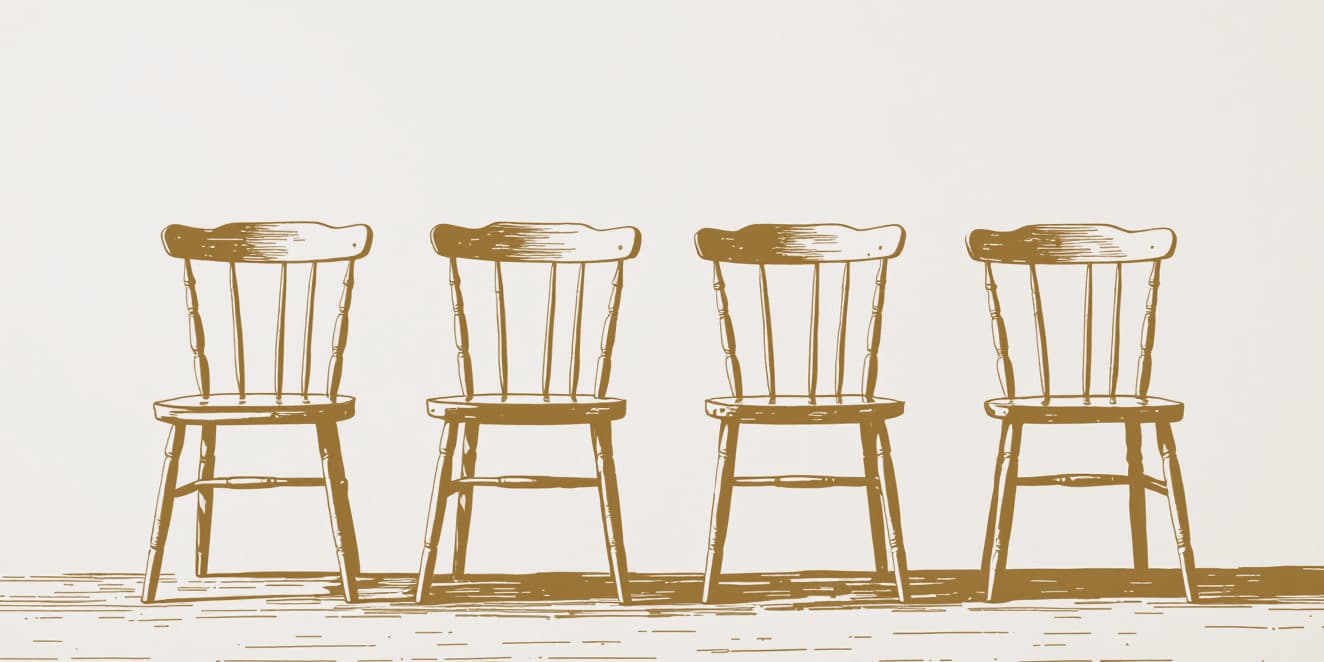 A drawing of four plain chairs standing empty in a row, in gold line on pale paper.