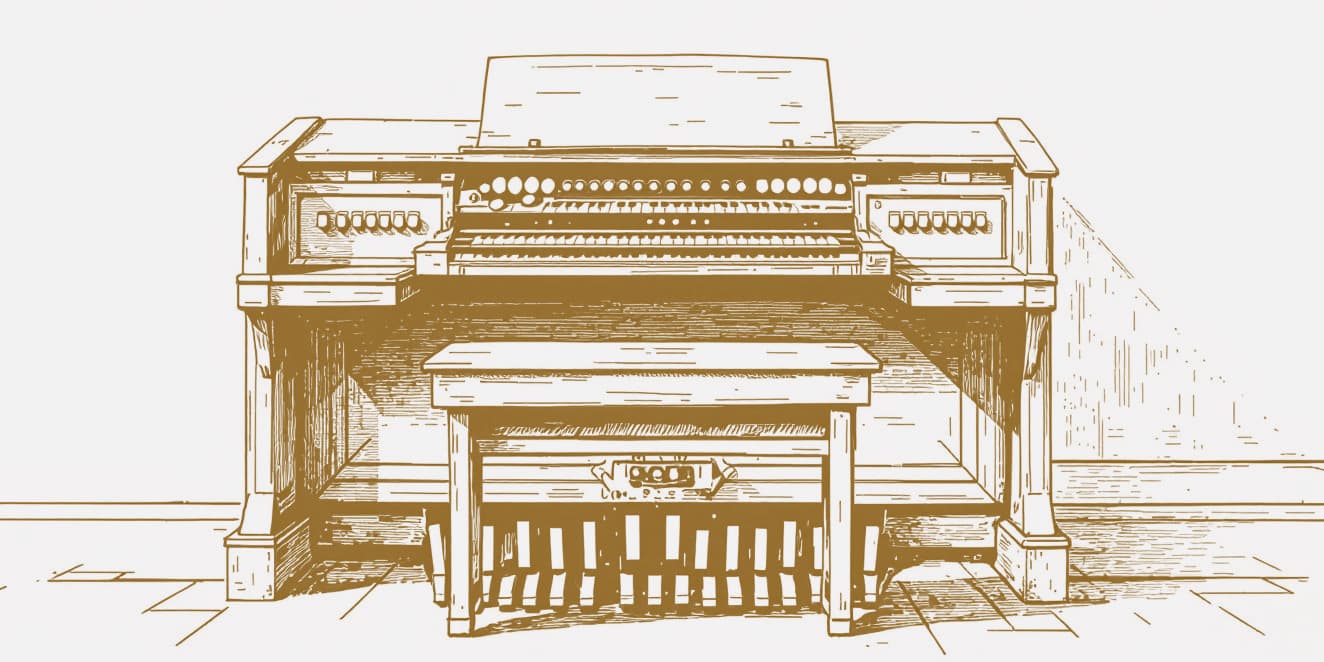 A drawing of an organ console with its bench in front and its pedalboard below, in gold line on pale paper.