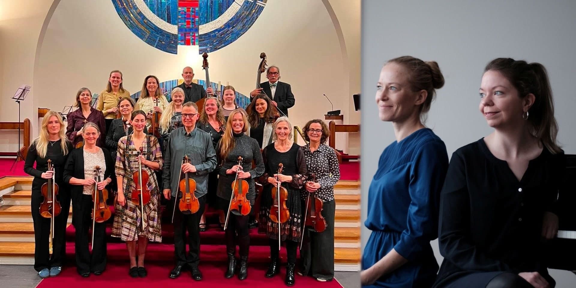 Spiccato Strings standing with their instruments on the chancel steps of a church, beside the two pianists of the Sóley piano duo, seated.