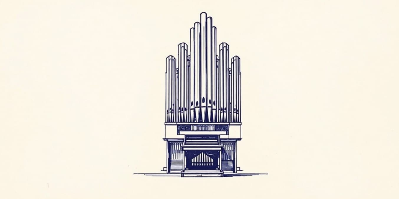 A drawing of an organ front, its pipes in ranks stepping up towards the middle, in dark blue line on pale paper.