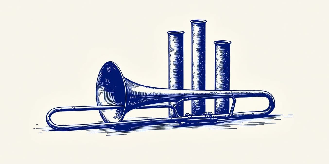 A drawing of a trombone lying on its side with three organ pipes standing behind it, in dark blue line on pale paper.