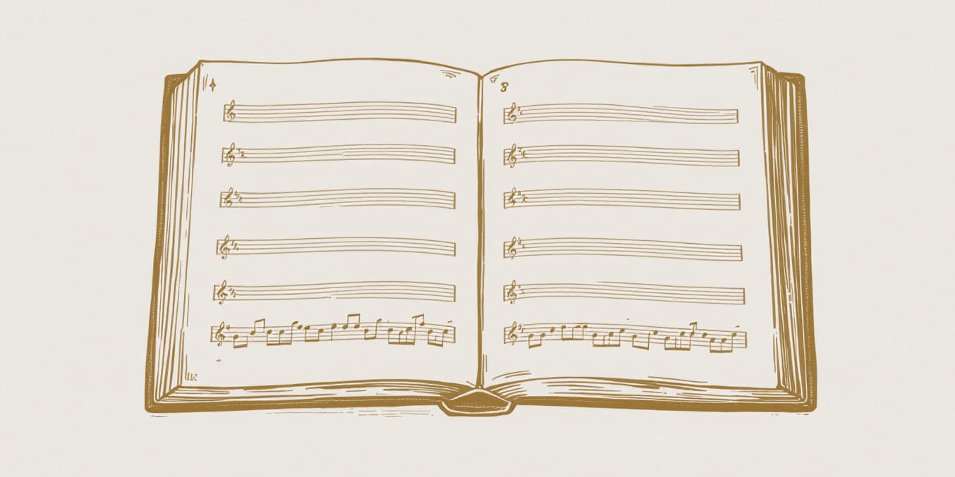 A drawing of an open book of music lying flat, its staves empty but for one line of notes at the foot of each page.