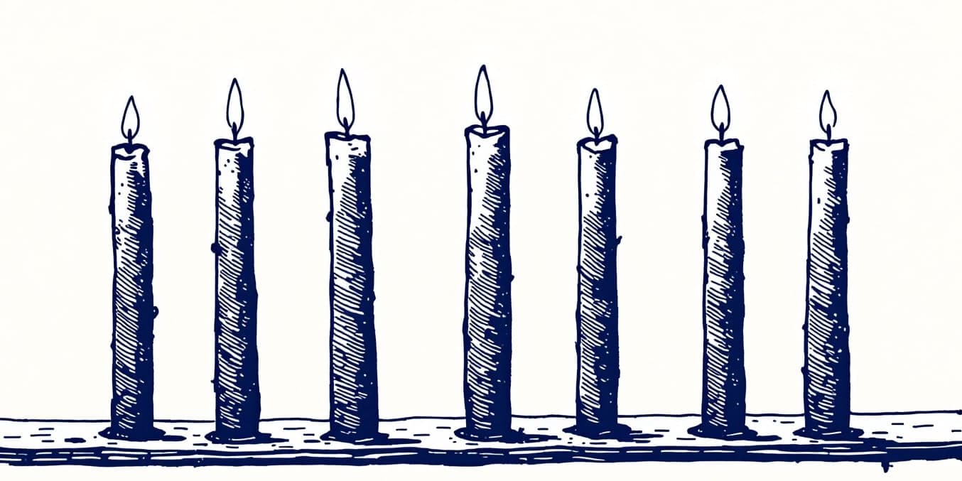 A drawing of seven candles standing in a row and burning, in dark blue line on pale paper.
