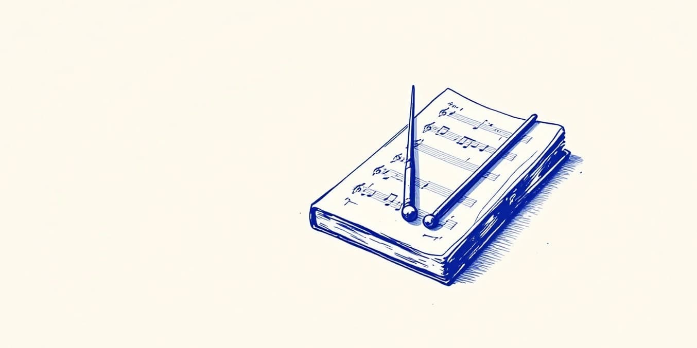 A drawing of two batons lying on a book of music, in dark blue line on pale paper.