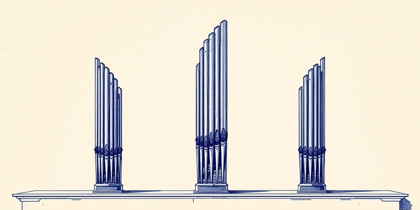 A drawing of three groups of organ pipes standing on a ledge, in dark blue line on pale paper.