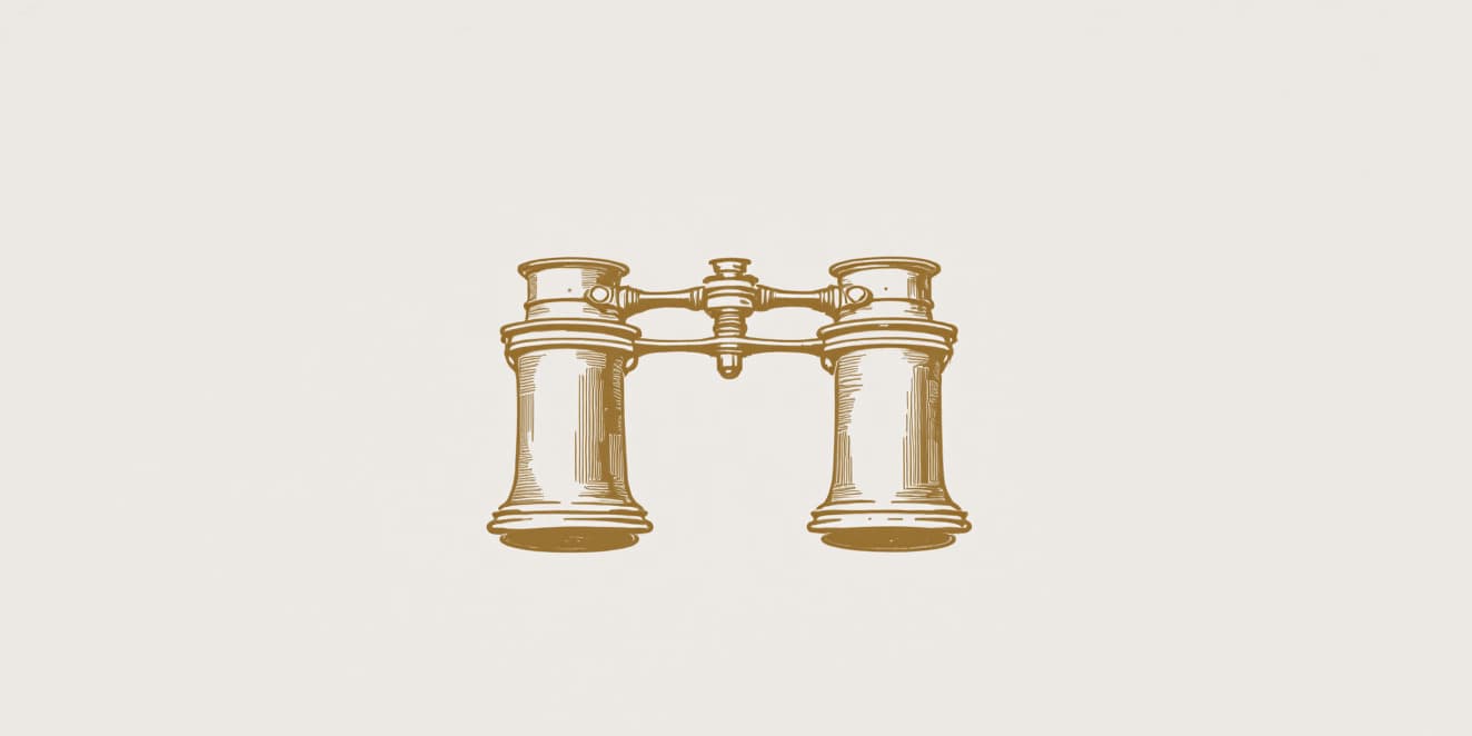 A drawing of a pair of old-fashioned opera glasses, two short barrels side by side joined at the middle, in gold line on pale paper.
