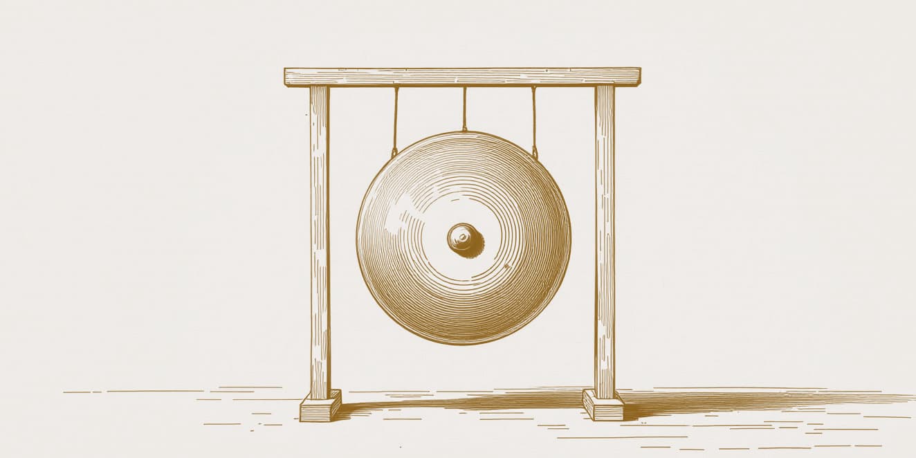 A drawing of a large round gong hanging in a plain frame on two feet, in gold line on pale paper.