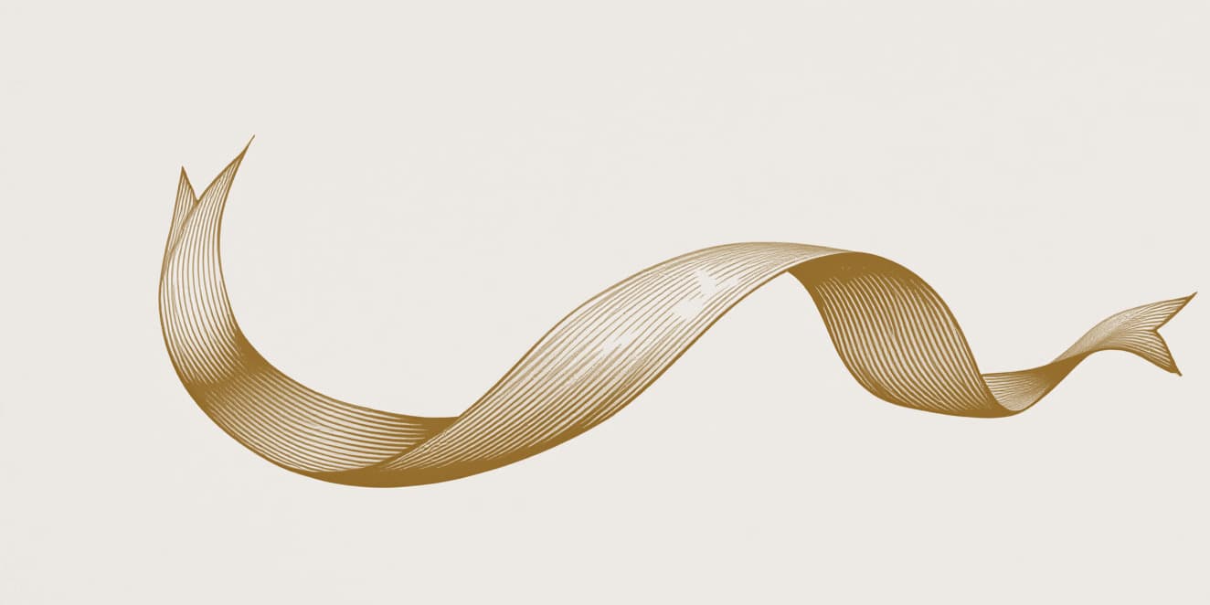 A drawing of a slender ribbon curling over itself, in gold line on pale paper.