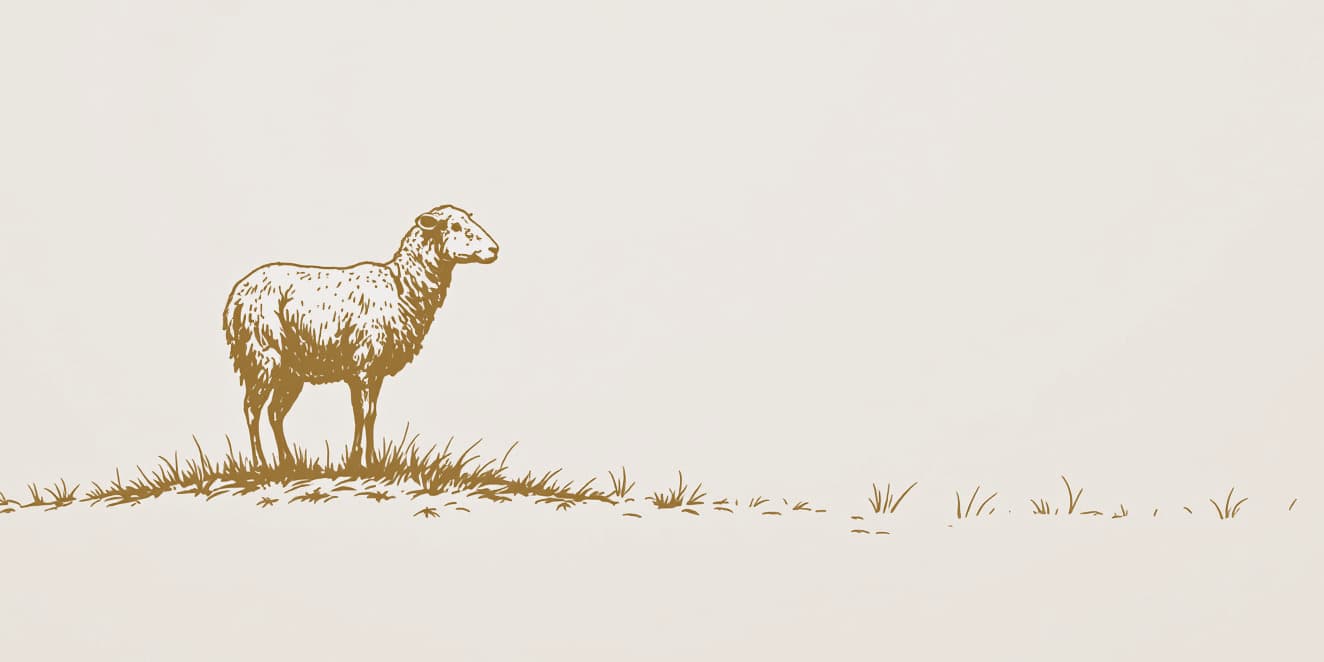 Teikning af einni kind sem stendur ein á grasþúfu, dregin með gullnu striki á ljósan pappír.