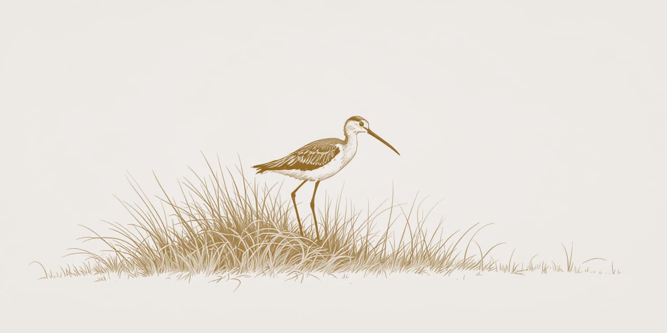 A drawing of a long-billed wading bird standing in a tuft of grass, in gold line on pale paper.