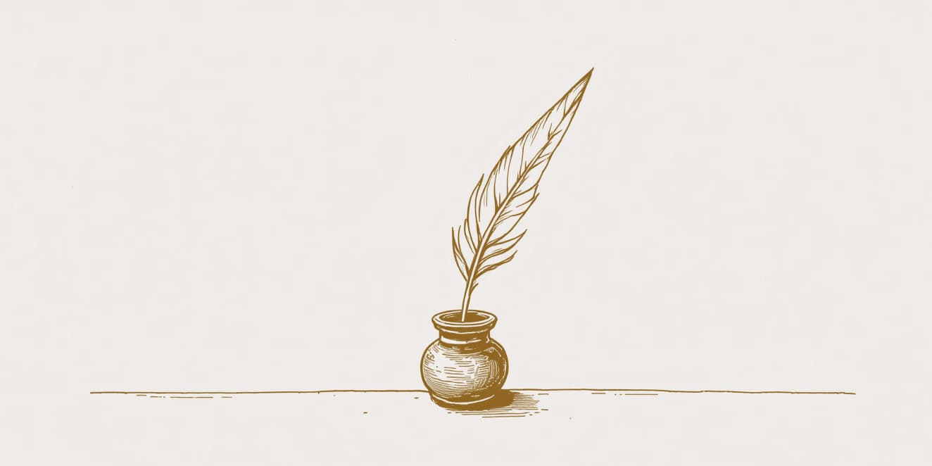 A drawing of a quill standing in a small inkwell, in gold line on pale paper.
