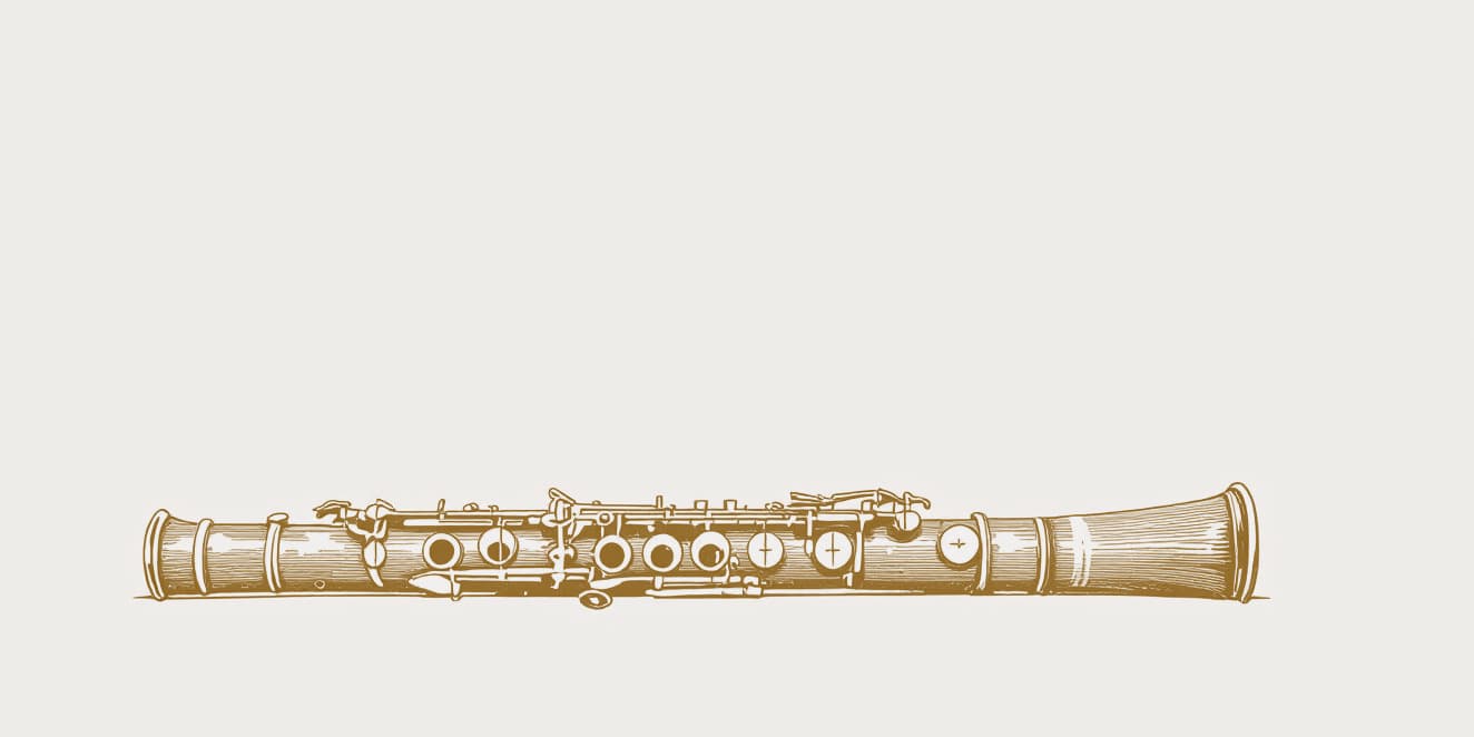 A drawing of a clarinet lying on its side, in gold line on pale paper.