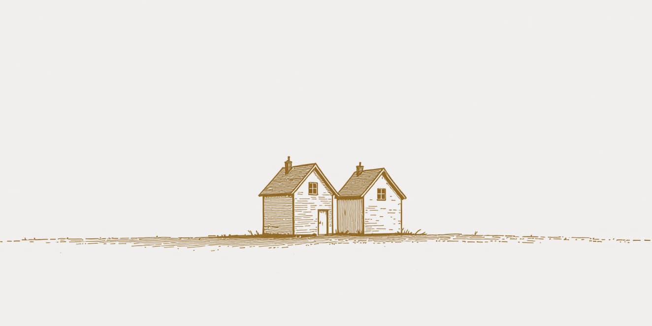 A drawing of two small pitched-roof houses standing side by side, in gold line on pale paper.