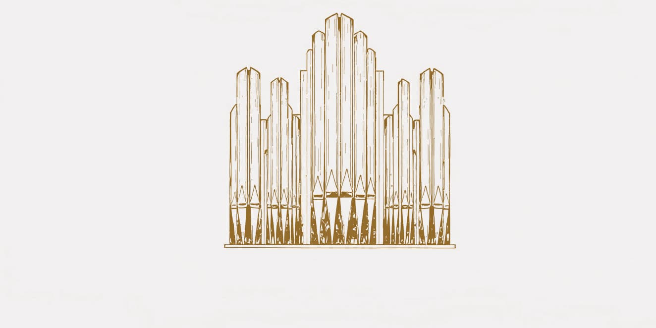 A drawing of a row of organ pipes of different heights, in gold line on pale paper.