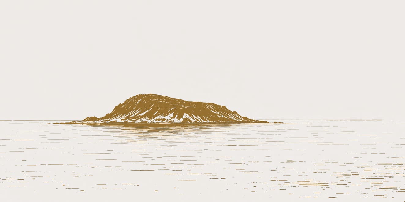 A drawing of a low headland running out into calm water, in gold line on pale paper.