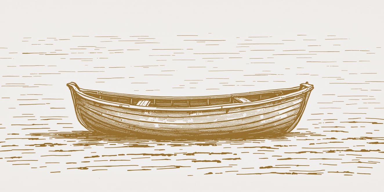 A drawing of an empty rowing boat standing on a shore, in gold line on pale paper.