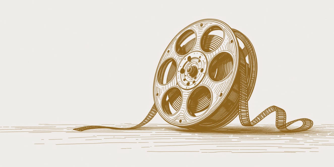 Teikning af filmuspólu sem stendur á rönd og filma liðast út úr henni, dregin með gullnu striki á ljósan pappír.