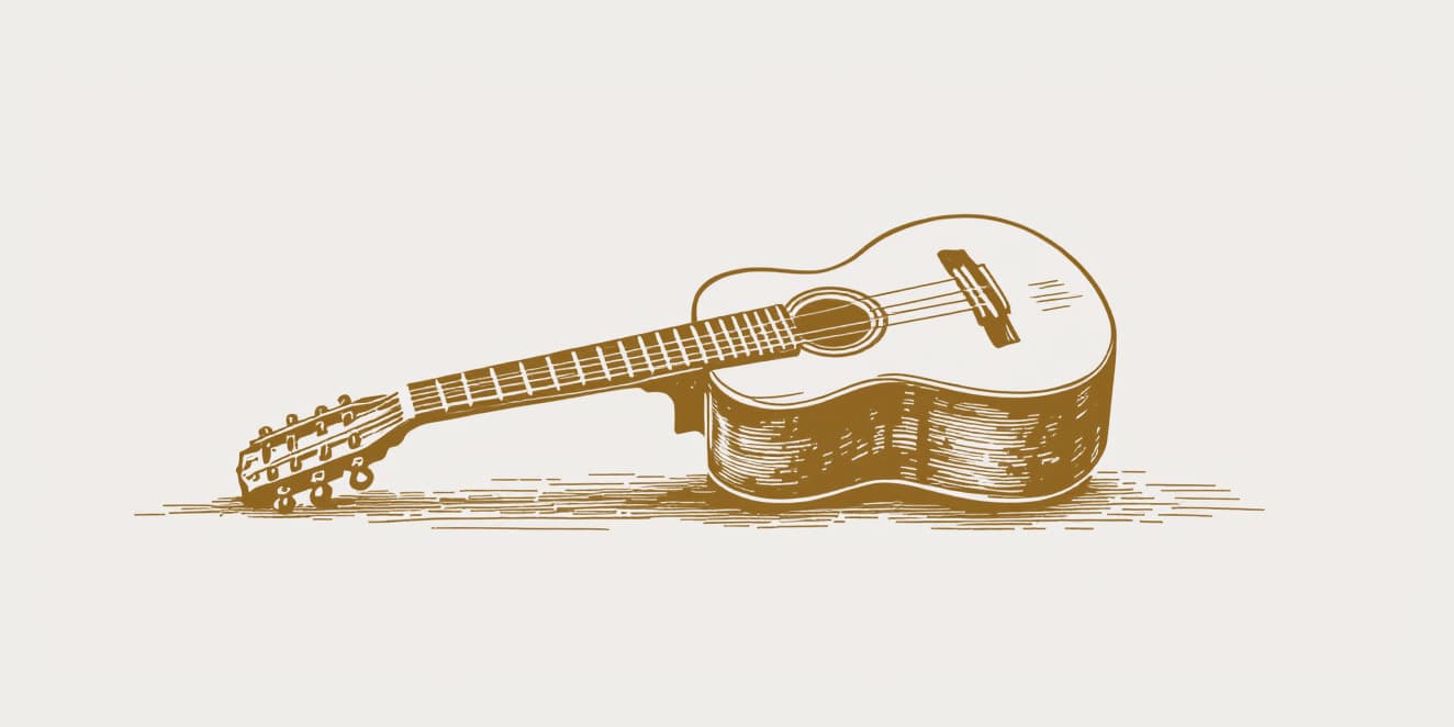 A drawing of a classical guitar lying on its side, in gold line on pale paper.