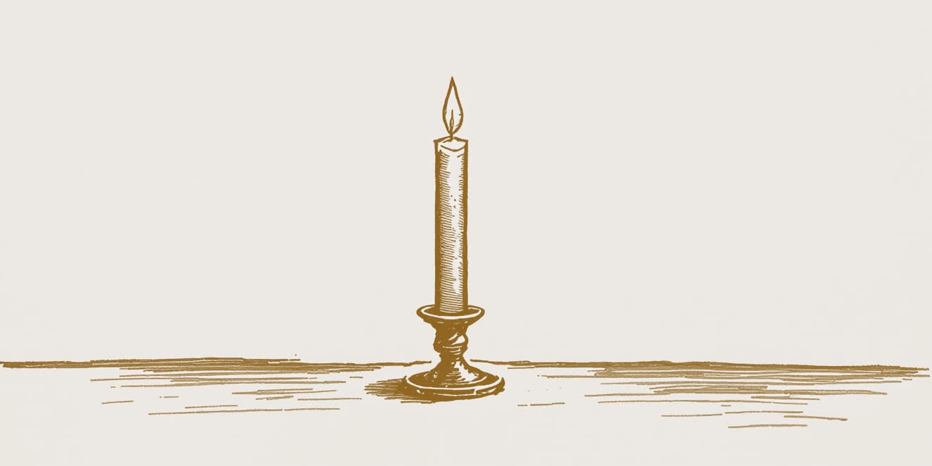 A drawing of a lit candle in a plain candlestick, in gold line on pale paper.