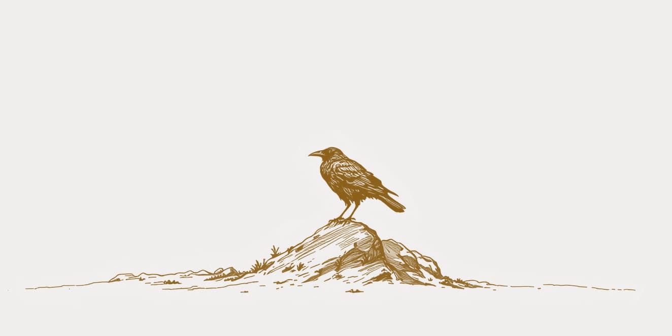 A drawing of a raven standing on a rock, in gold line on pale paper.